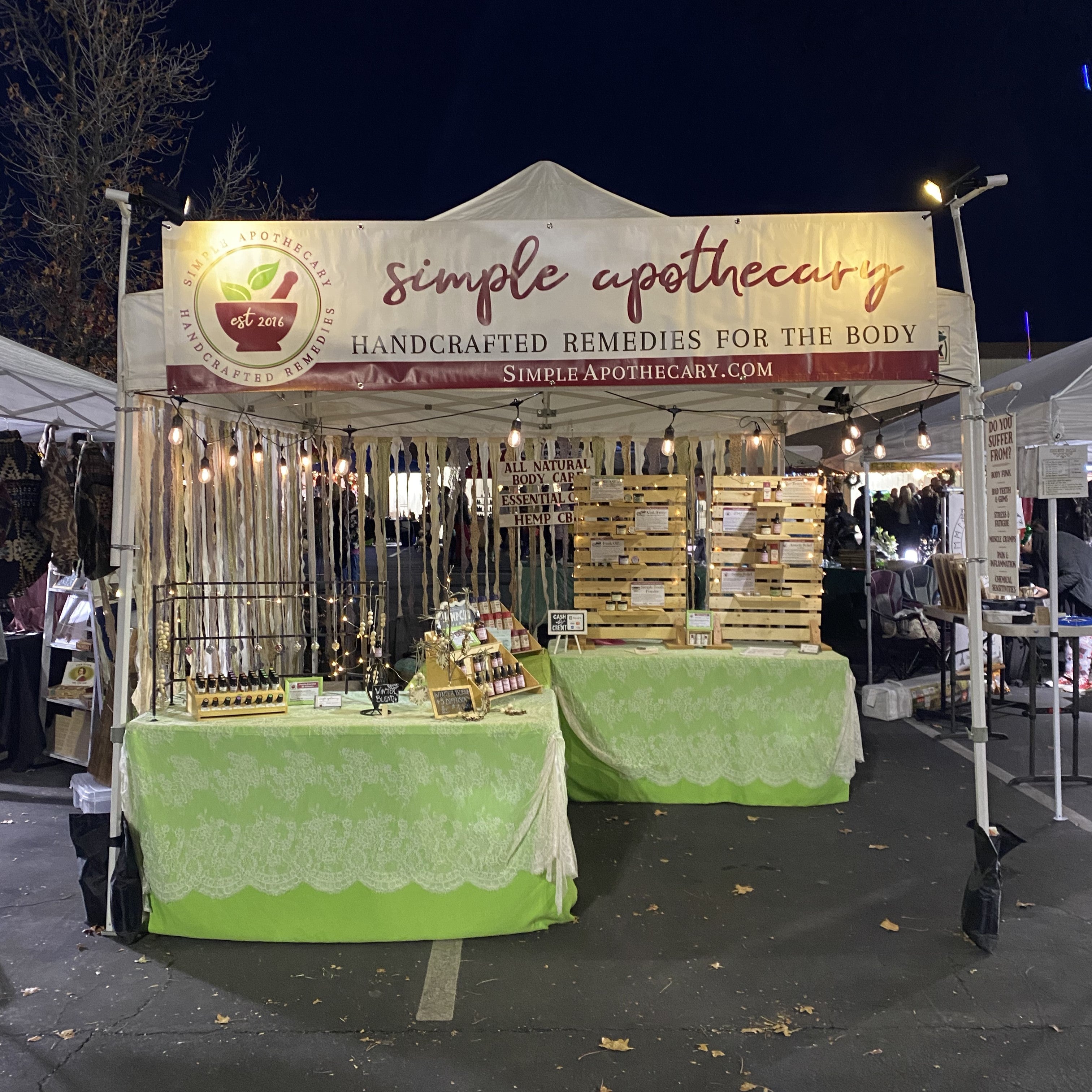 Simple Apothecary's vendor booth for in-person events. Find Simple Apothecary at local events and in stores throughout Northern California.