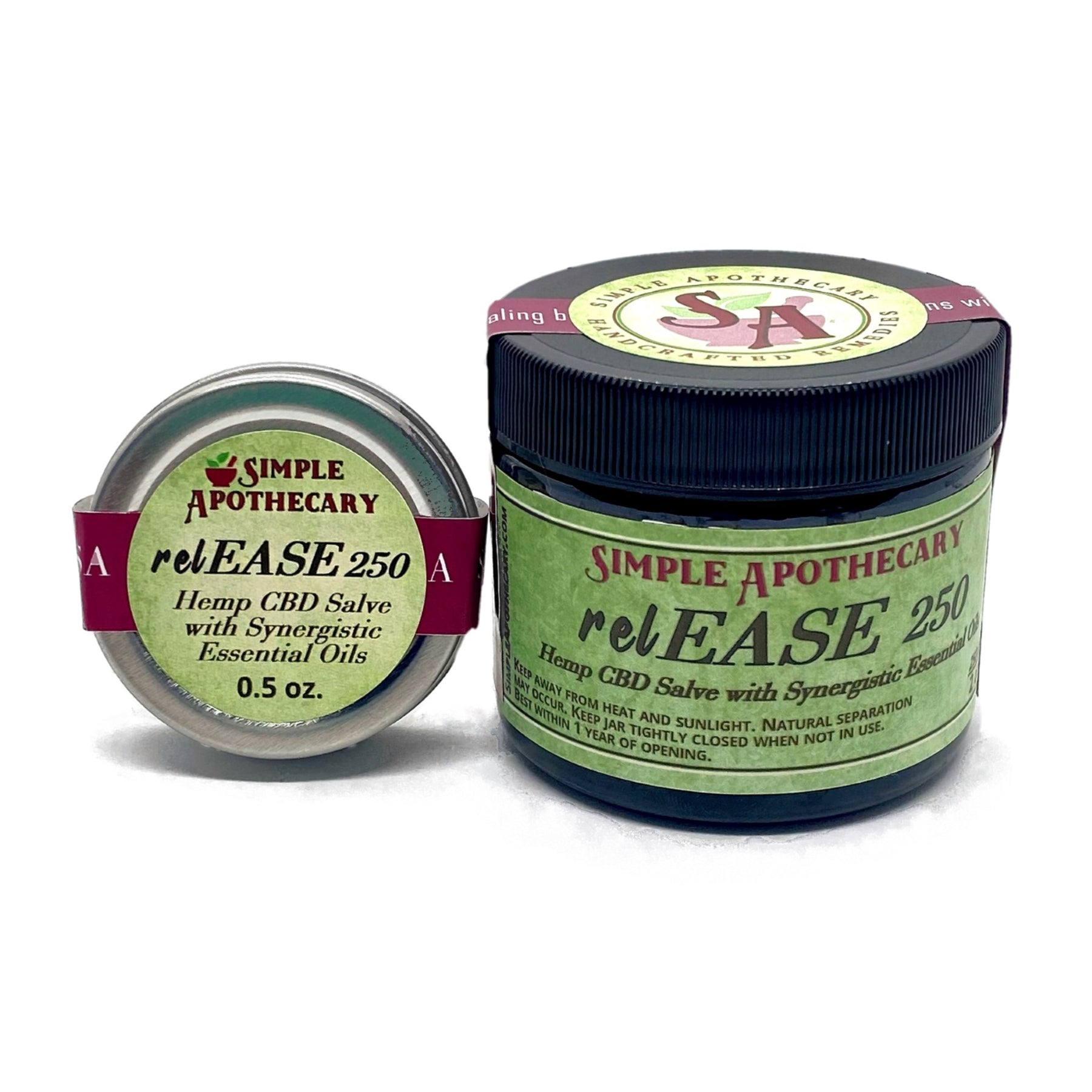 relEASE 250 Hemp CBD Salve in 0.5 oz and 2.0 oz sizes.